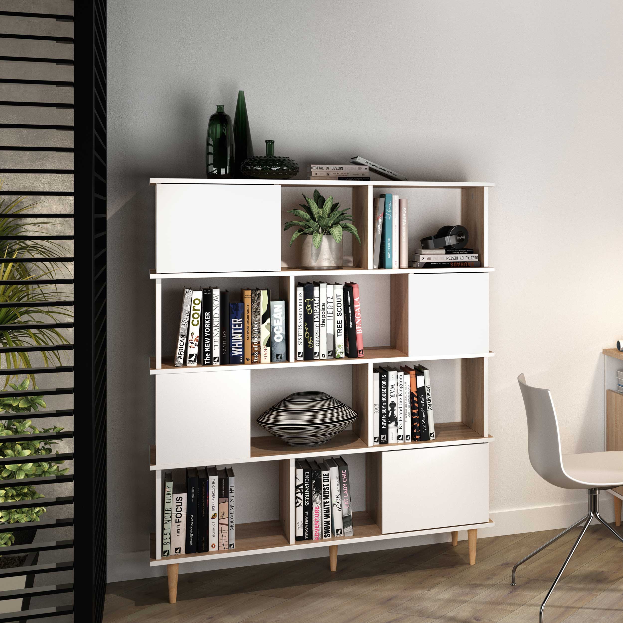 Bücherregal Nosk 120cm mit 4 Türen - weiß/Eiche Modern, Design - Symbiosis  | Emob