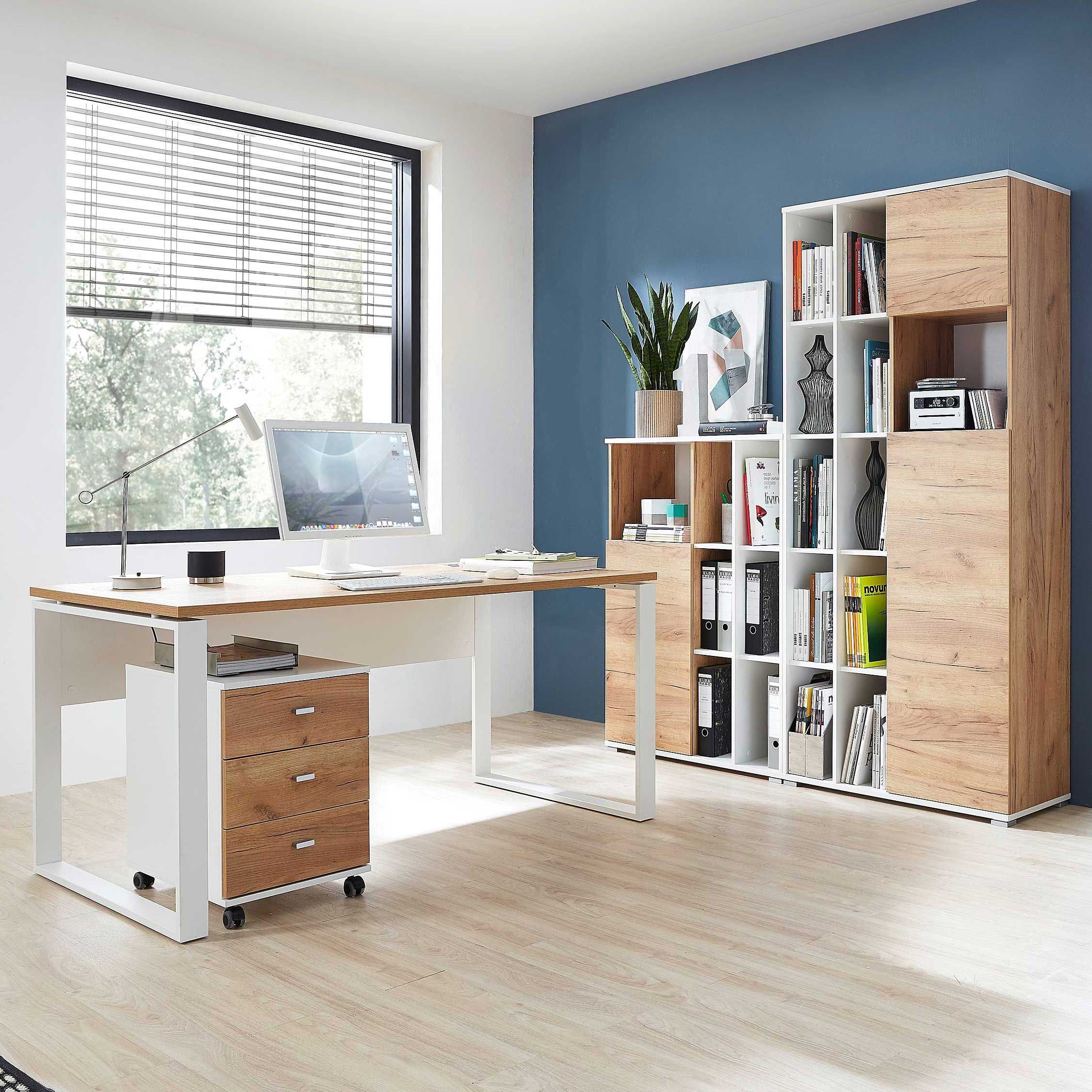 Vielseitiges Schreibtischset Lloris | Schreibtisch, Germania Modern und Braun-weiß großer | kleiner | Kommode, Aktenschrank - Emob