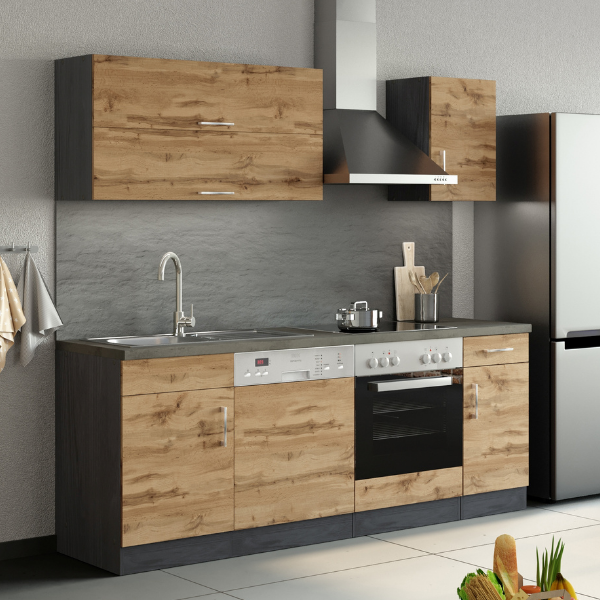 Küchenzeile Sorrella 210cm mit Platz für Geschirrspüler und Backofen - Eiche/Graphit  Modern - Held | Emob
