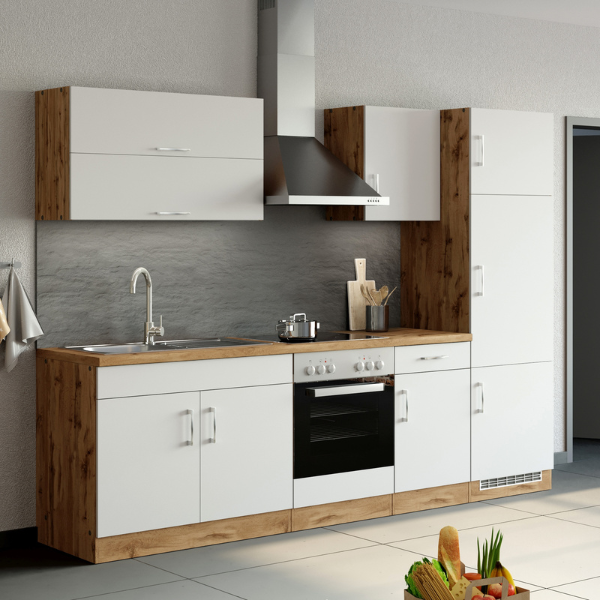 Küchenzeile Sorrella 270cm mit Held Backofen Kühlschrank Modern und - Emob | - weiß/Eiche