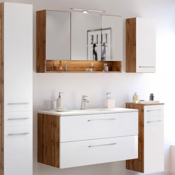 Badkombination Sefa 2 mit Waschbecken und Spiegelschrank - Eiche/Weiß 