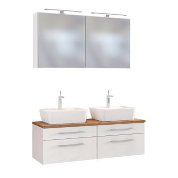Doppelwaschtischschrank mit Spiegelschrank Dasa 120cm 4 Schubladen - weiß