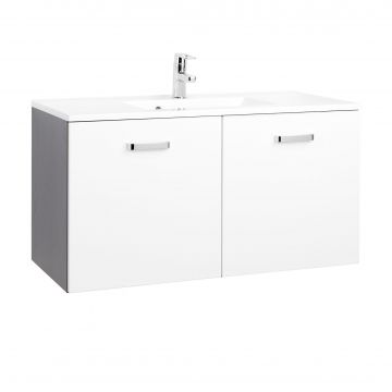 Waschtischunterschrank Bobbi 100cm mit 2 Türen und Keramikwaschbecken - graphit/hochglanz-weiß