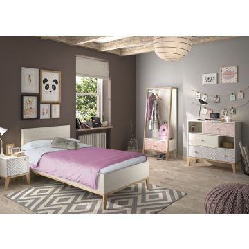 Kinderzimmer Malika: Bett 90x200cm, Nachttisch, Kleiderständer, Kommode - Kastanie