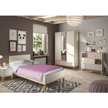 Kinderzimmer Malika: Bett 90x190cm, Nachttisch, Kleiderschrank, Kommode - Kastanie
