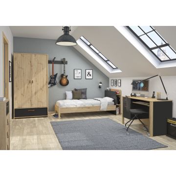 Jugendzimmer Liam: Bett 90x190cm mit Lattenrost, Kommode, Kleiderschrank, Schreibtisch - Eiche artisan