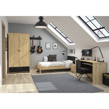 Jugendzimmer Liam: Bett 90x200cm, Nachttisch, Schreibtisch, Kleiderschrank - Eiche artisan