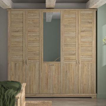 Kleiderschrank Wanda 230 cm 5 Türen und Spiegel - Braunes Kastanienholz