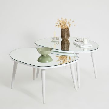 2-tlg. Woody Fashion Nesting Table Set | 100% gehärtetes Glas | Melaminbeschichtete Platte | Weiß