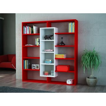Wooden Art Bookshelf | 100% Melamin beschichtet | 18 mm Dicke | 125 cm Breite, 135 cm Höhe | Farbe Rot Weiß