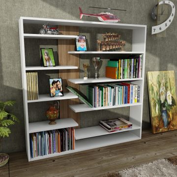 Kunst-Bücherregal aus Holz | 100% Melamin | 125x126x22 cm | Nussbaum weiß