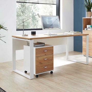Büro-Set Lloris | Schreibtisch und Schubladenblock mit Rollen | White Navarra Oak Design