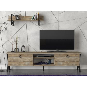 Modernes TV-Möbel in Nussbaum Schwarz mit Wandbefestigung | 100% Melaminbeschichtung | Mehrere Regale | 180 cm Breite