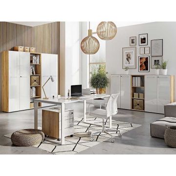 Büromöbelset Mouna | Schreibtisch, Kommode, halbhohe und hohe Aktenschränke und Regale | weiß