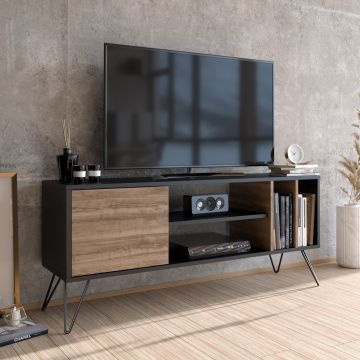 Moderner TV-Ständer in Nussbaum Schwarz | Melaminbeschichtet | Metallbeine | Mehrere Ablagen
