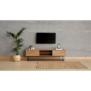 Moderner TV-Ständer | Melaminbeschichtet | Metallbeine | Walnuss Schwarz