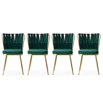 Stilvolles und bequemes 4-teiliges Stuhlset | Goldgrün | 100% Metallrahmen | Sitz aus Samtstoff
