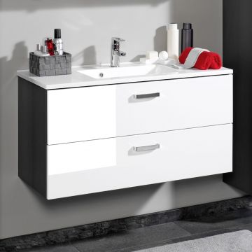 Waschtischunterschrank Bobbi 100cm mit 2 Schubladen und Keramikwaschbecken - graphit/hochglanz-weiß