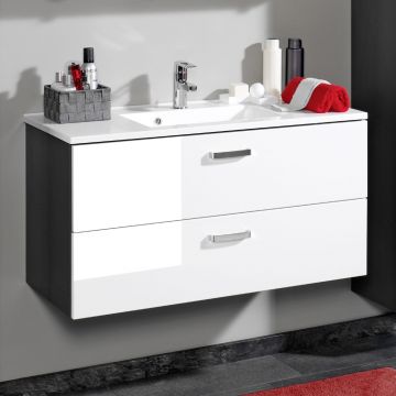 Waschtischunterschrank Bobbi 80cm mit 2 Schubladen und Keramikwaschbecken - graphit/hochglanz-weiß