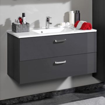 Waschtischunterschrank Bobbi 100cm mit 2 Schubladen und Keramikwaschbecken - graphit/hochglanz-grau