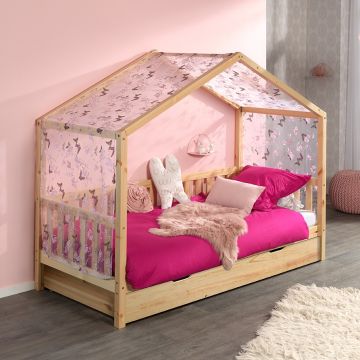 Hausbett Dallas 2 90x200 mit Bettkasten und Voile mit Schmetterlingsmuster - natur/rosa  