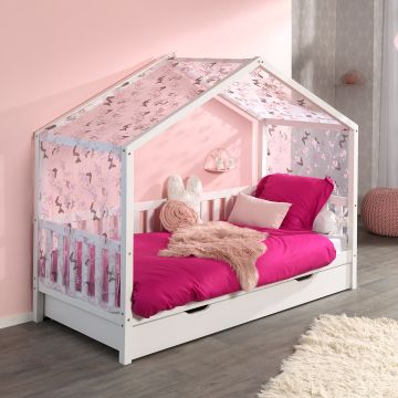 Hausbett Dallas 2 90x200 mit Bettkasten und Voile mit Schmetterlingsmuster - weiß/rosa  