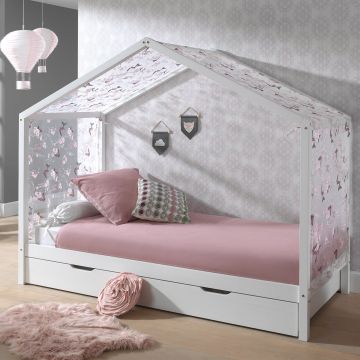 Hausbett Dallas 3 90x200 mit Bettkasten und Voile mit Schmetterlingsmuster - weiß/rosa  