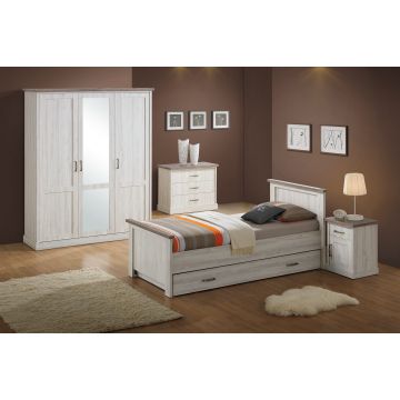 Jugendzimmer Emily: Bett 90x200 mit Schublade, Nachttisch, Kommode, Kleiderschrank - Eiche grau
