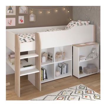 Halbhoher Schlafplatz mit Schreibtisch Moscon 90x200 - weiß/Eiche 