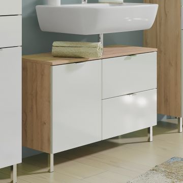 Waschbeckenschrank Mauro 80cm mit 2 Türen und Schublade - Eiche/Weiß