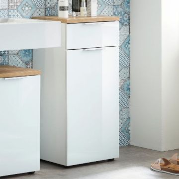 Badezimmerschrank Sepp mit 1 Tür und 1 Schublade - weiß/Eiche 