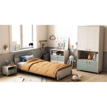 Kinderzimmer Ilyas: Bett 90x190/200cm, Kleiderschrank, Nachttisch, Kommode - Eiche/Grau-Grün