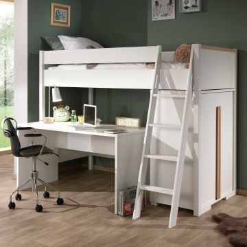 Hochbett London 90x200 mit Kleiderschrank und Schreibtisch - weiß