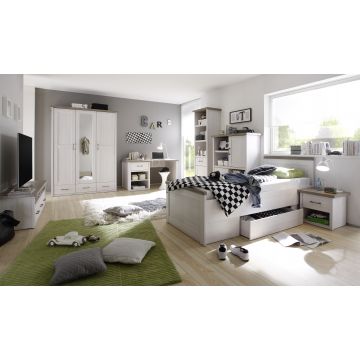 Kinderzimmer Larnaca: Bett 90x200, Nachttisch, TV-Schrank, Kleiderschrank, 2xBücherregal, Schreibtisch - white wash
