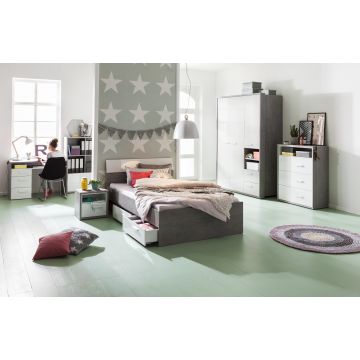 Jugendzimmer Mipsy: Bett 90x200, Nachttisch, Kleiderschrank, Kommode, Schreibtisch, Bücherregal 