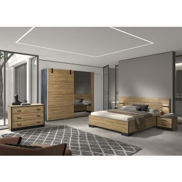 Schlafzimmer Nour: Bett 180x200cm, Nachttisch, Kommode, Kleiderschrank 245cm - Eiche/schwarz