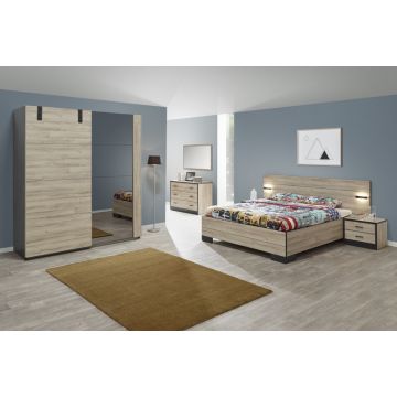 Schlafzimmer Nour: Bett 180x200cm, Nachttisch, Kommode, Kleiderschrank 188cm - Eiche/schwarz