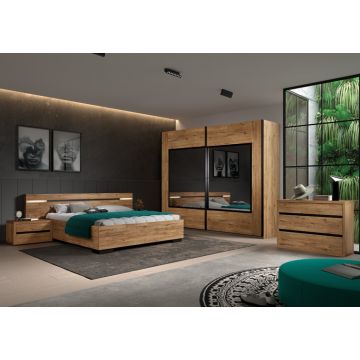 Schlafzimmer Anelia: Bett 180x200, Nachttisch, Kleiderschrank, Kommode - Eiche