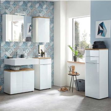 Badezimmerset Sepp | Waschbeckenschrank, Spiegelschrank, Seitenschrank, Hängeschrank, Stauschrank | Weiß