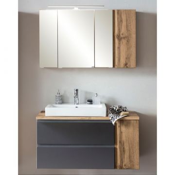 Badezimmerset Varese | Waschtisch und Spiegelschrank mit Beleuchtung | Wotan Eiche Graues Design