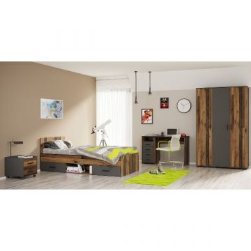 Jugendzimmer-Set Ramos | Einzelbett mit Schubladen, Nachttisch, Kleiderschrank, Schreibtisch | Kastamonu Design
