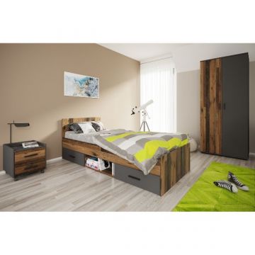 Jugendzimmer-Set Ramos | Einzelbett mit Schubladen, Nachttisch und Kleiderschrank (2 Türen) | Kastamonu-Design