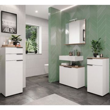 Badezimmerset Yannai | Waschtischunterschrank, zwei Seitenschränke und Wandspiegel mit Beleuchtung | Design Oak White