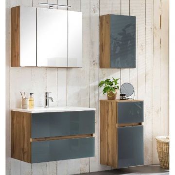 Badezimmerset Helsinki | Waschtischschrank, Spiegelschrank, Hängeschrank, Seitenschrank | Wotan Eiche/grau-design