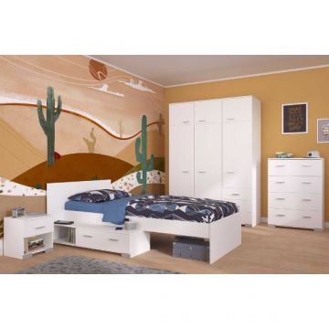Kinderzimmer-Set Galaxy | Einzelbett, Kommode, Kleiderschrank, Nachttisch | Weiß