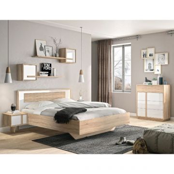 Schlafzimmerset Alto | Doppelbett, Nachttisch, Wandregal, Kommode | Design Sonoma Eiche/Weiß