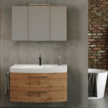 Badezimmerset Manchester | Waschbeckenschrank und Spiegelschrank mit Beleuchtung | Wotan Eiche Design