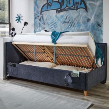 Kofferbett Ollie | Mit Rückenlehne | 90 x 200 cm | marineblaues Design
