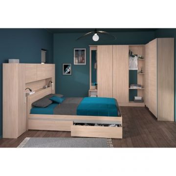 Schlafzimmerset Ekko | Doppelbett mit Schubladen, Bettbrücke, Kleiderschränken und Eckschrank | Oak Design