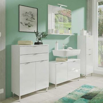Badezimmerset Marnick | Waschtischschrank, Mittelschrank, Säulenschrank, Spiegel mit Beleuchtung | Weiß